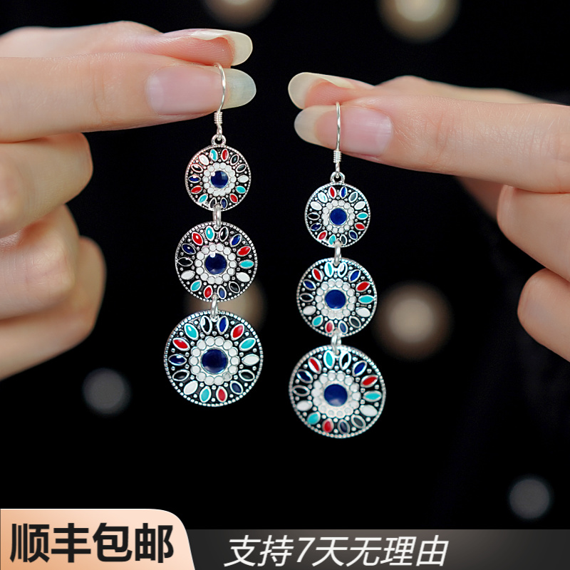 A99【正品】百搭气质国风手工个性重工烤蓝百搭民族风银勾耳饰