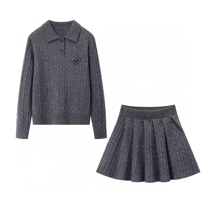 KS 2788-2024冬季新款百搭时尚POLO领套头针织衫短裙套装女