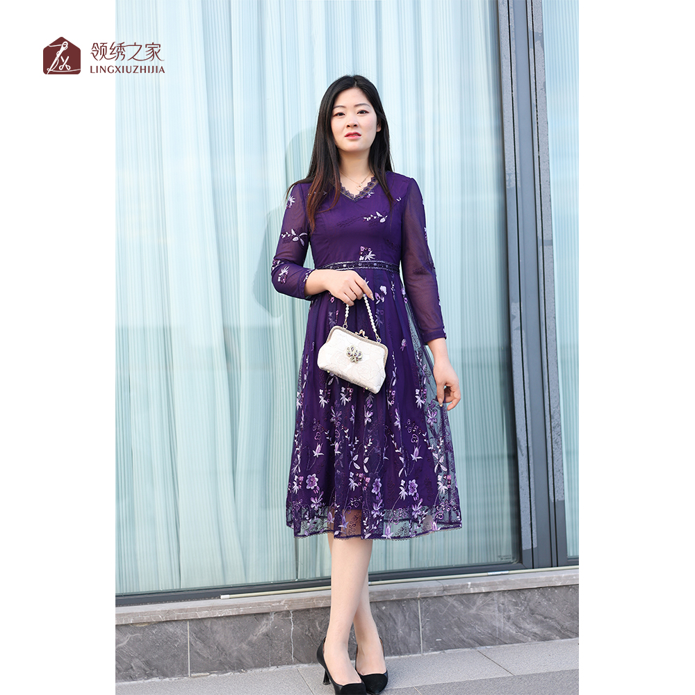 亮色刺绣长袖连衣裙妈妈装#L800723H时尚修身超显瘦气质