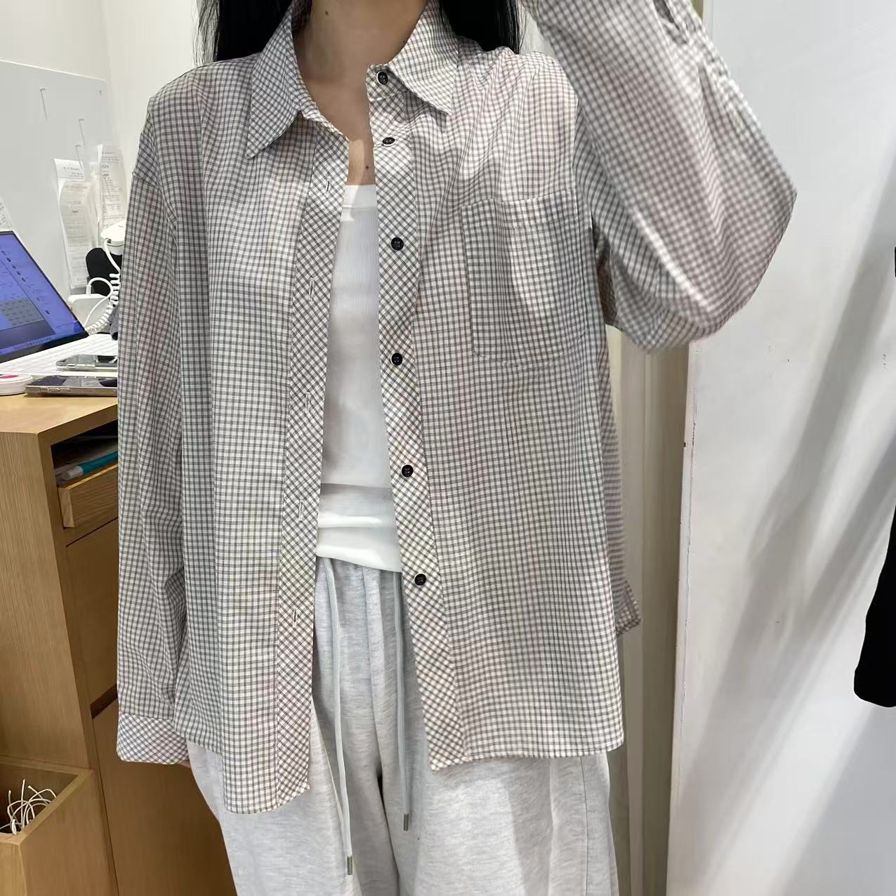 【A2在韩国】东大门女士圆领长袖格子衬衫《NO退NO换》