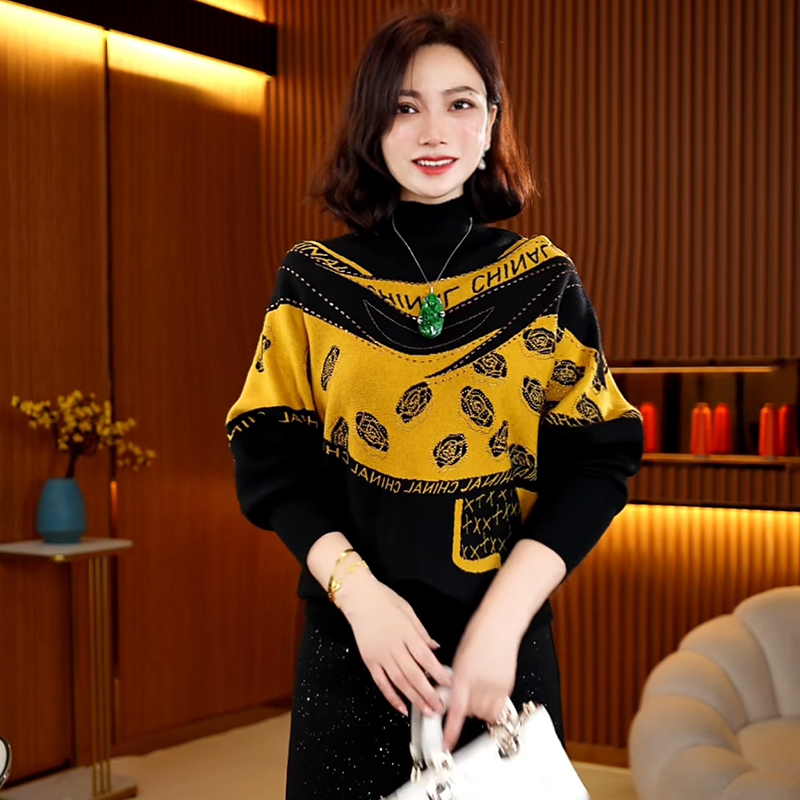 【钻石玫瑰】2025秋冬百搭定位印围巾花时尚抗起球拼色圆领修身毛衣