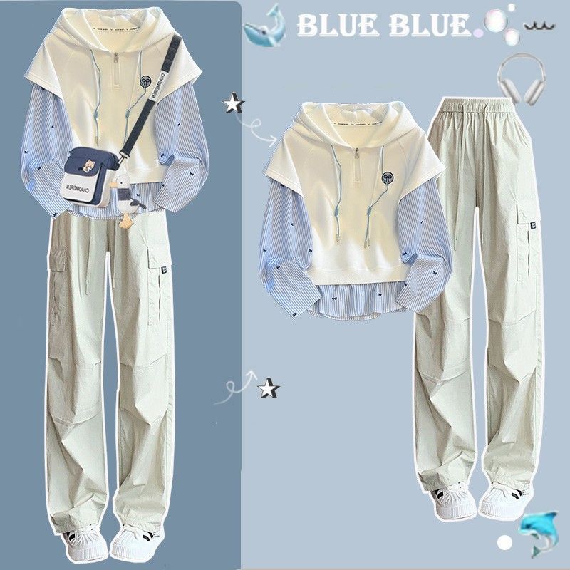 小众高级感条纹假两件长袖卫衣百搭运动工装裤连帽气质学院风套装