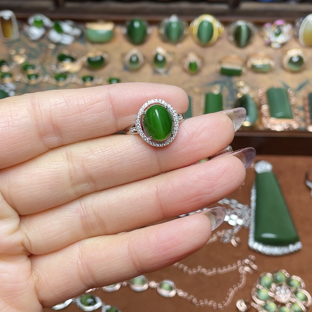 和田玉（碧玉）银S925镶嵌吊坠(不含链)戒指