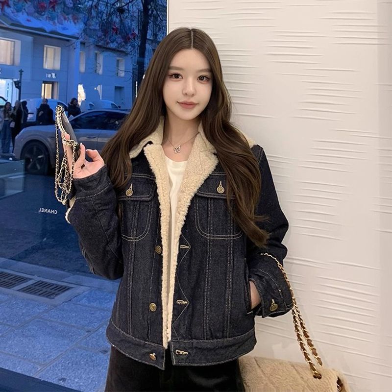 原牛色明线加绒牛仔外套女2025冬季复合毛绒棉服加厚保暖通勤上衣