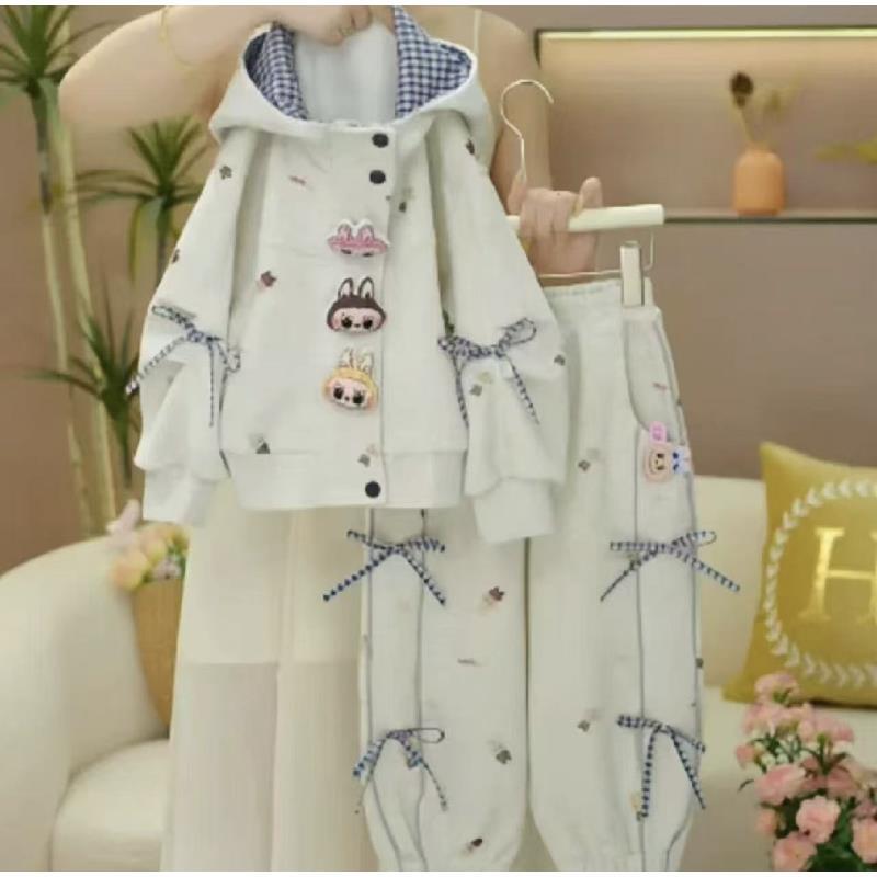 女童秋季新款拉布布套装卡通蝴蝶结连帽外套休闲裤两件套