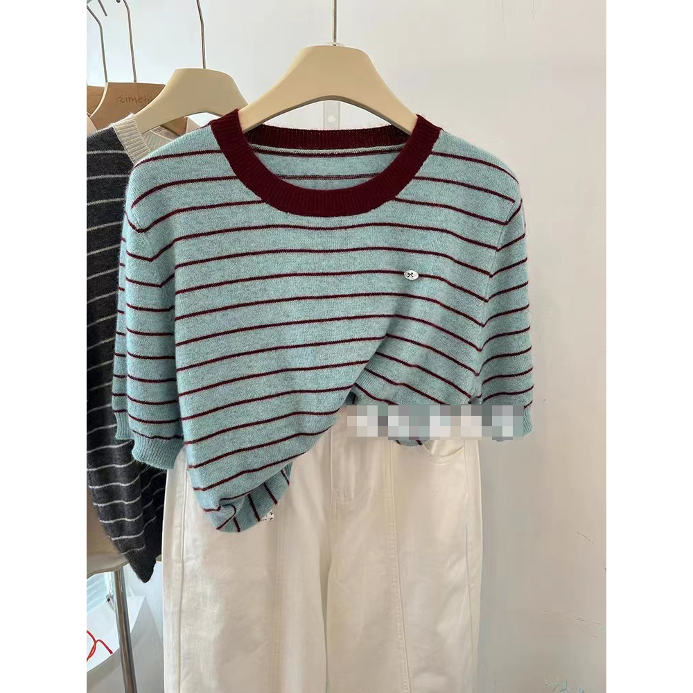 【冰岛蓝短袖】早秋时尚休闲宽松条纹针织衫秋冬女士纯色毛衣-9452