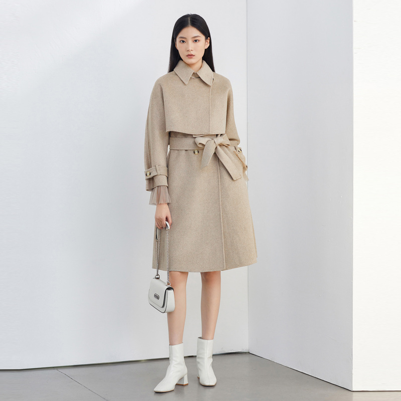 S·DEER圣迪奥女装翻领时尚气质褶皱收腰两件套毛呢大衣S22482506