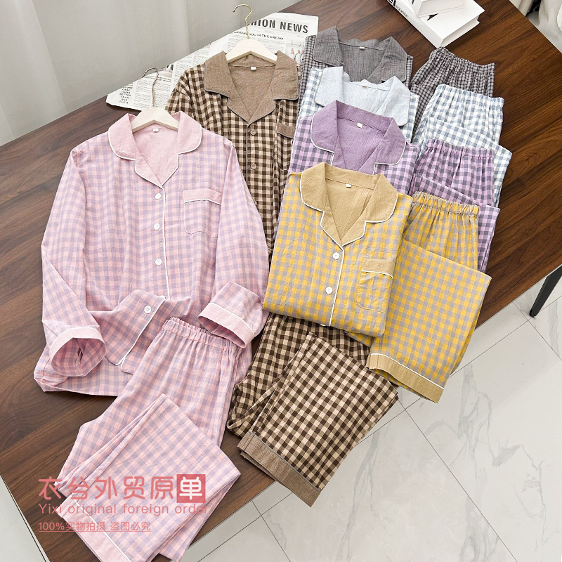 （复古撞色格纹家居服）情侣款日系清新格子舒适亲肤睡衣套装Z