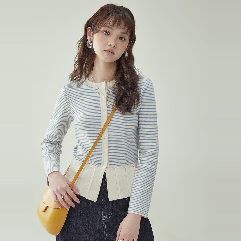 「北岛AMUU原创」拼色条纹百褶下摆针织衫女早春新款小众长袖上衣