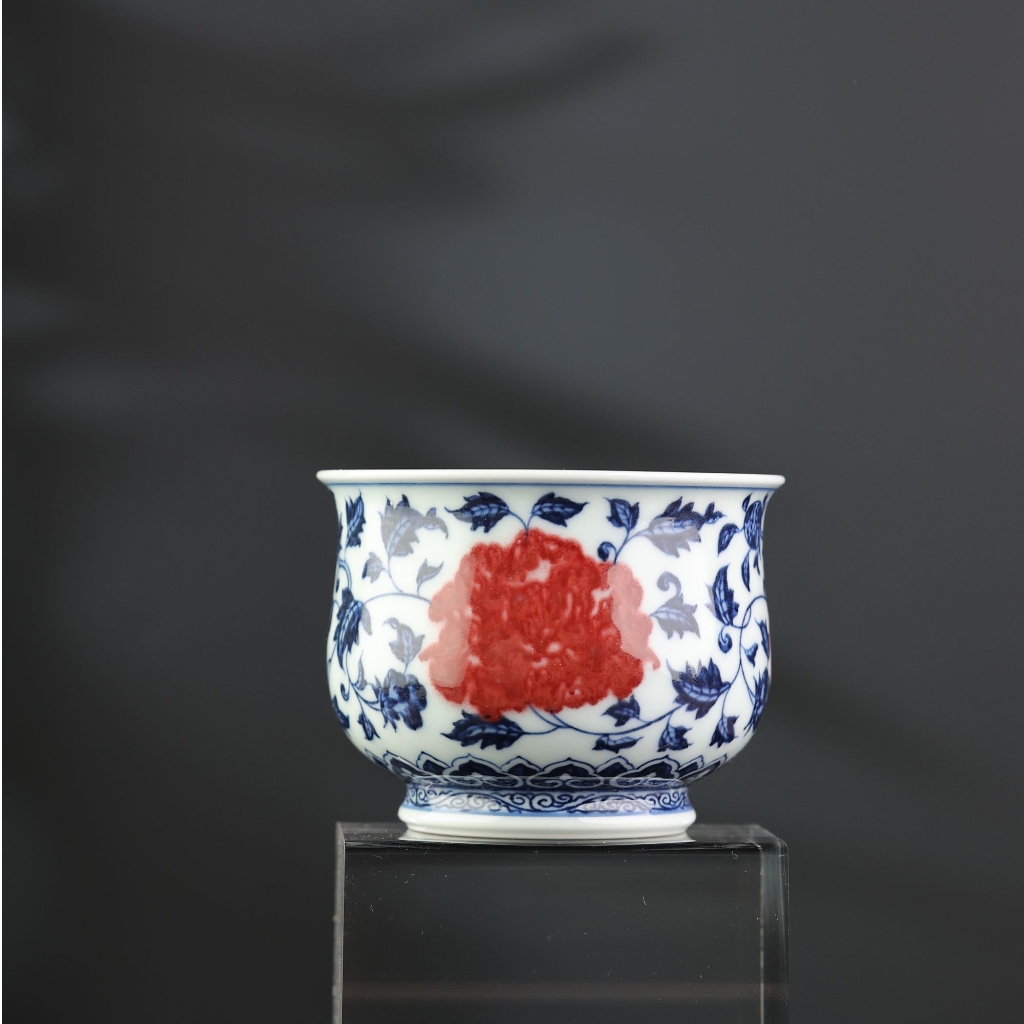 【阳春白雪】青花釉里红缠枝牡丹大炉式杯 手绘 名窑 纯手工 复古 