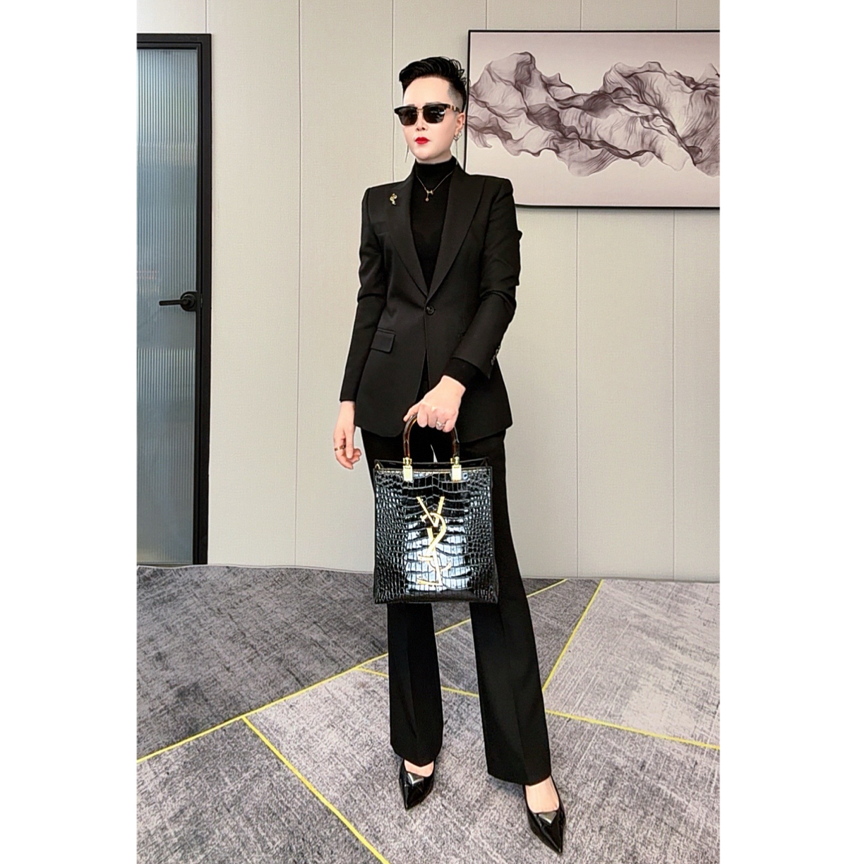 【白衣哥】春款黑色单排扣喇叭裤气质女神范职业套装