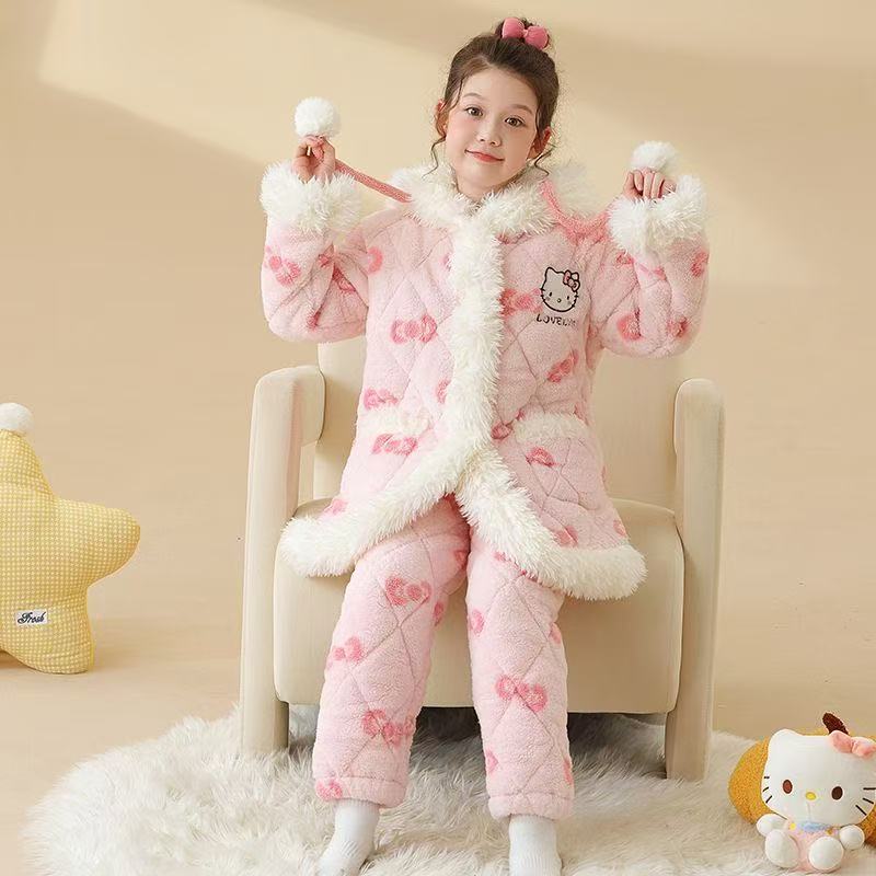 儿童睡衣冬季三层夹棉加厚法兰绒中大童珊瑚女童卡通家居服可外穿