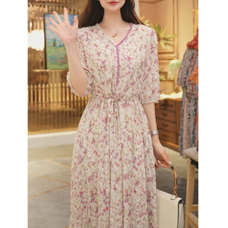 【堇兰】100桑蚕丝春夏气质真丝裙印花桑蚕丝连衣裙女YYQ22-1091