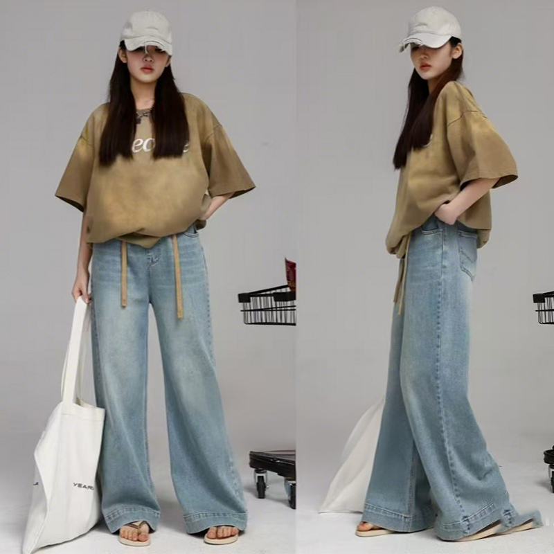 复古阔腿牛仔裤女窄版直筒裤2025新款春秋装中大童松紧腰牛仔裤潮