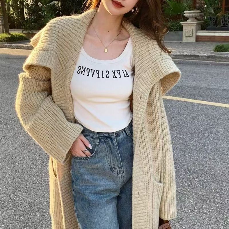 秋冬韩版超长款宽松温柔慵懒风外搭开衫长款过膝翻领毛衣外套大衣