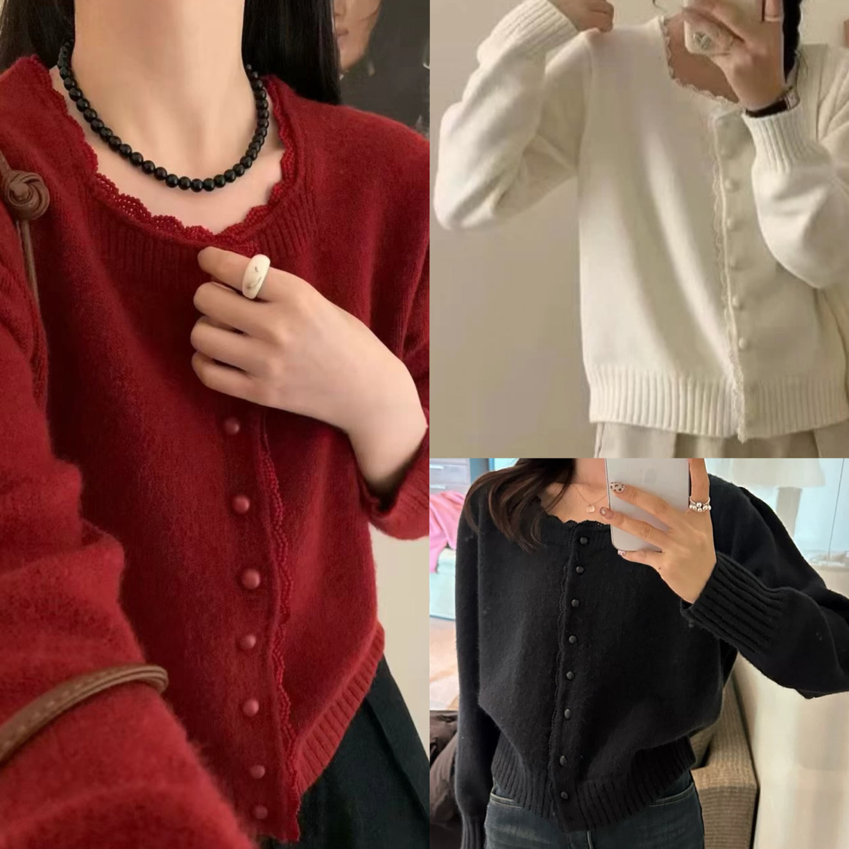 宜美多家 时尚蕾丝花边法式方领山羊绒上衣8856