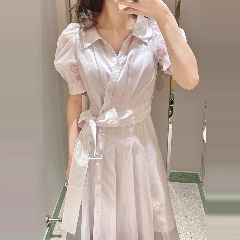 法式高级感泡泡袖粉色衬衫连衣裙女2025夏季新款收腰显瘦长裙2577