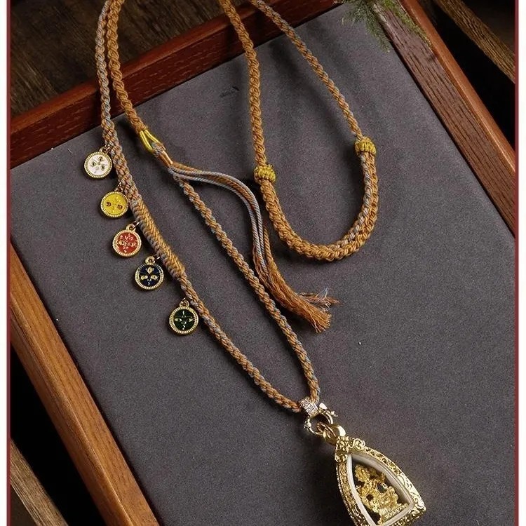  藏式唐卡吊坠饰品毛衣链项链绳男女玉挂坠无事牌五路财神金刚款