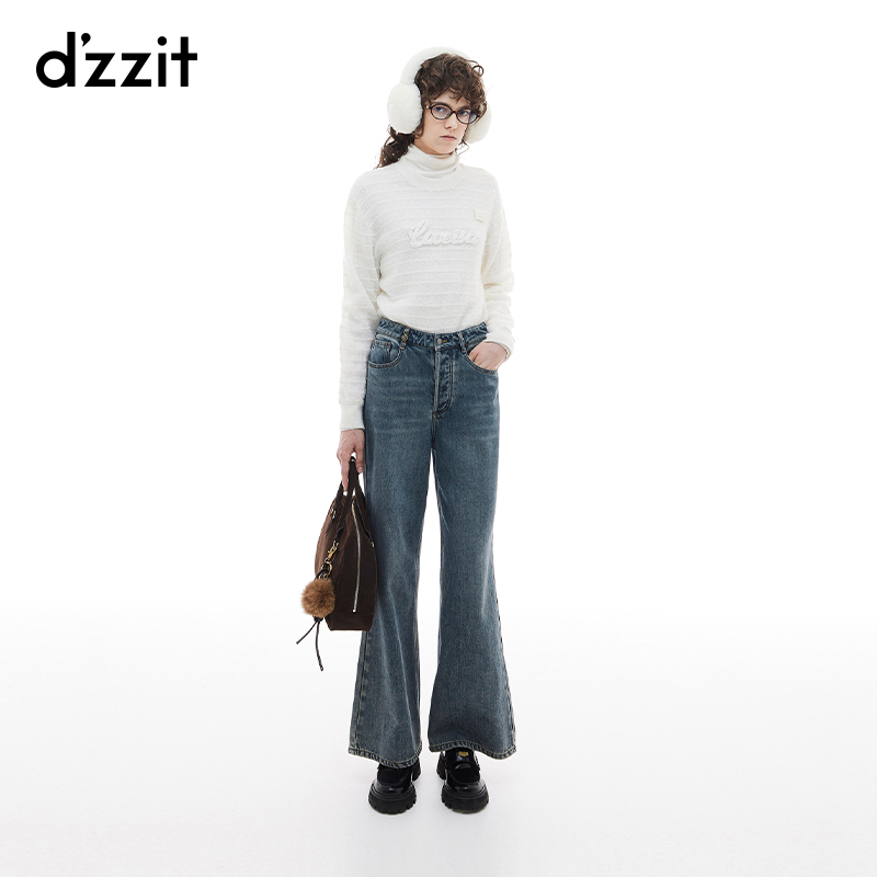 dzzit地素针织衫少女风羊毛混纺串珠毛巾绣白色长袖上衣女3I4E410