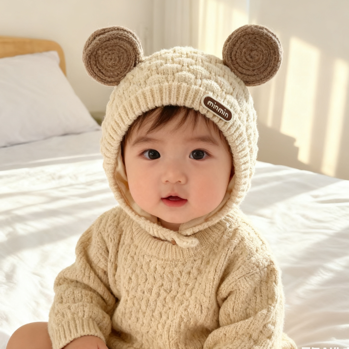 秋冬新款宝宝可爱护耳帽帽子针织卡通风毛线套头帽冬天保暖帽