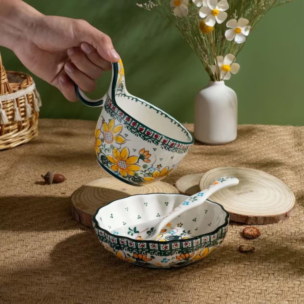 【初下厨】手绘釉下彩-450ML曲把杯复古陶瓷家用餐具三件套礼盒装