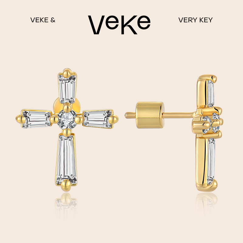 VEKE 铜合金锆石耳饰 十字架复古个性耳环耳钉高级气质耳饰