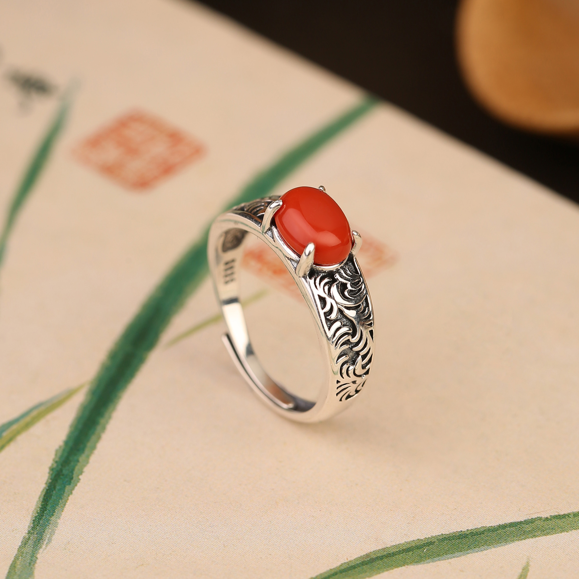 蛋面海浪S925银女戒指南红玛瑙古典海浪中国风民族风指环
