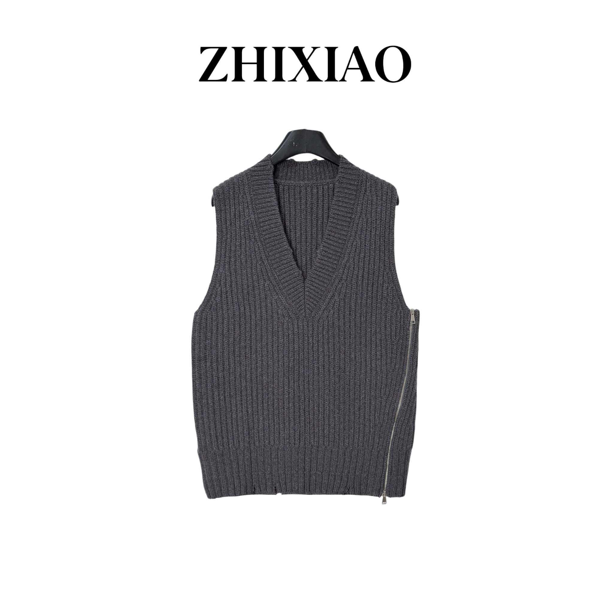 【ZHIXIAO】秋冬新款：侧拉链V领针织背心7217
