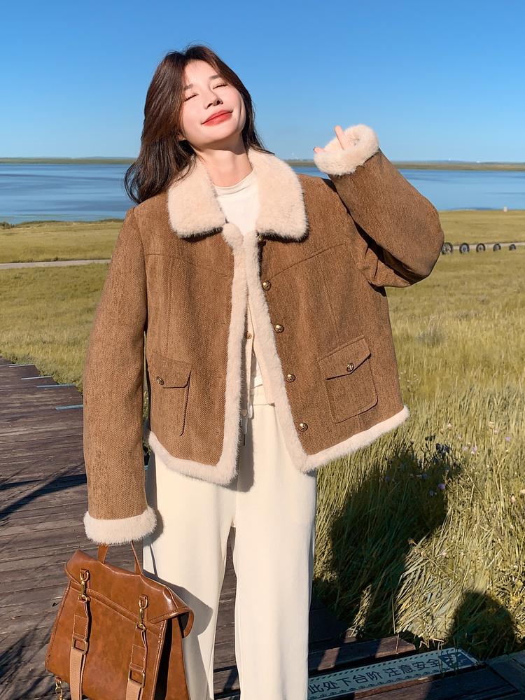 新款冬季美拉德复古丝绒肌理撞色拼接毛绒翻领短款上衣毛呢外套