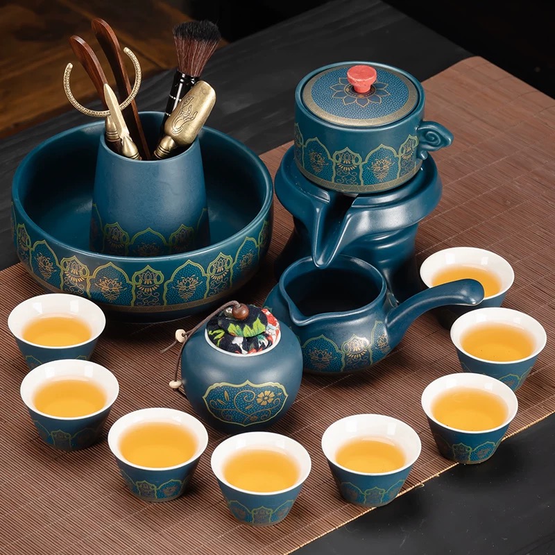 0908 蓝古韵自动茶具+公杯+6杯+茶叶罐+茶洗+茶道