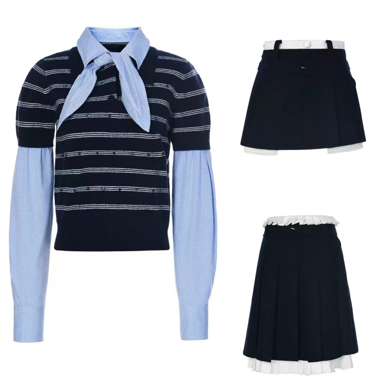 《no退no换默认微瑕》蓝色拼接衬衣藏蓝色半裙