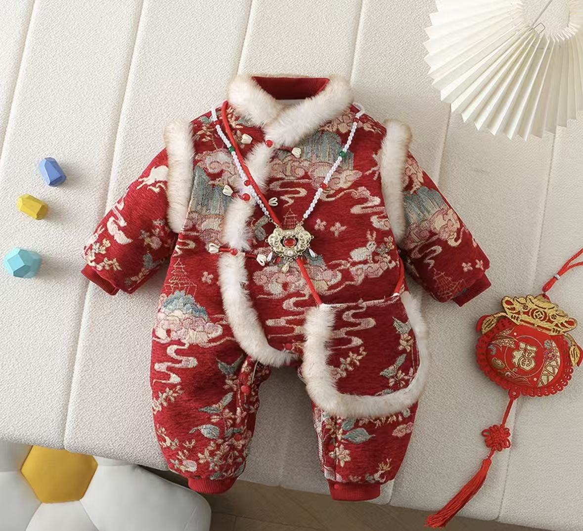 冬季新款婴幼儿喜庆国风拜年服夹棉宝宝外出爬服加厚锦绣哈衣Q254