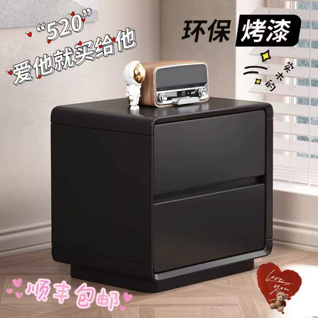 烤漆床头柜2025新款轻奢高级感卧室全实木现代简约黑色床边收纳柜
