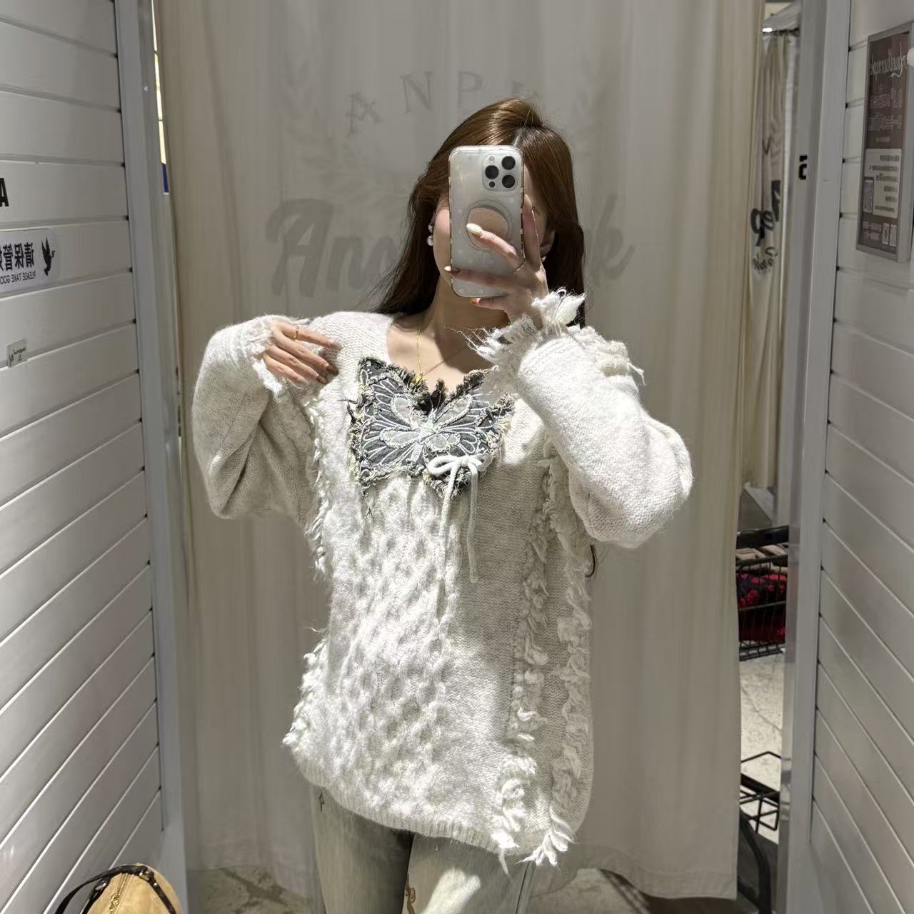 蝴蝶针织熊纯色冬季秋冬毛针织衫家居服上衣甜美宽松A5F04K6123