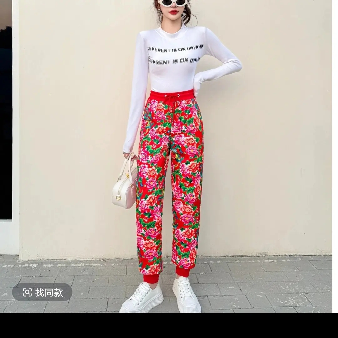 红色中国风民族风大花羽绒裤冬季加绒加厚保暖修身高腰复古外穿