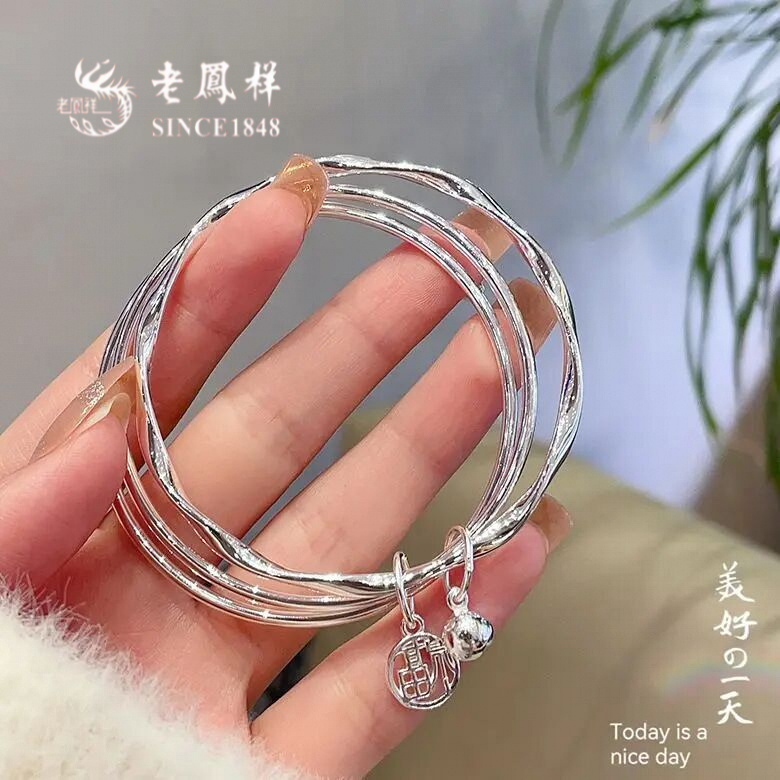 老鳳詳莫比乌三环银手镯女款闭口七夕情人节送女友礼物