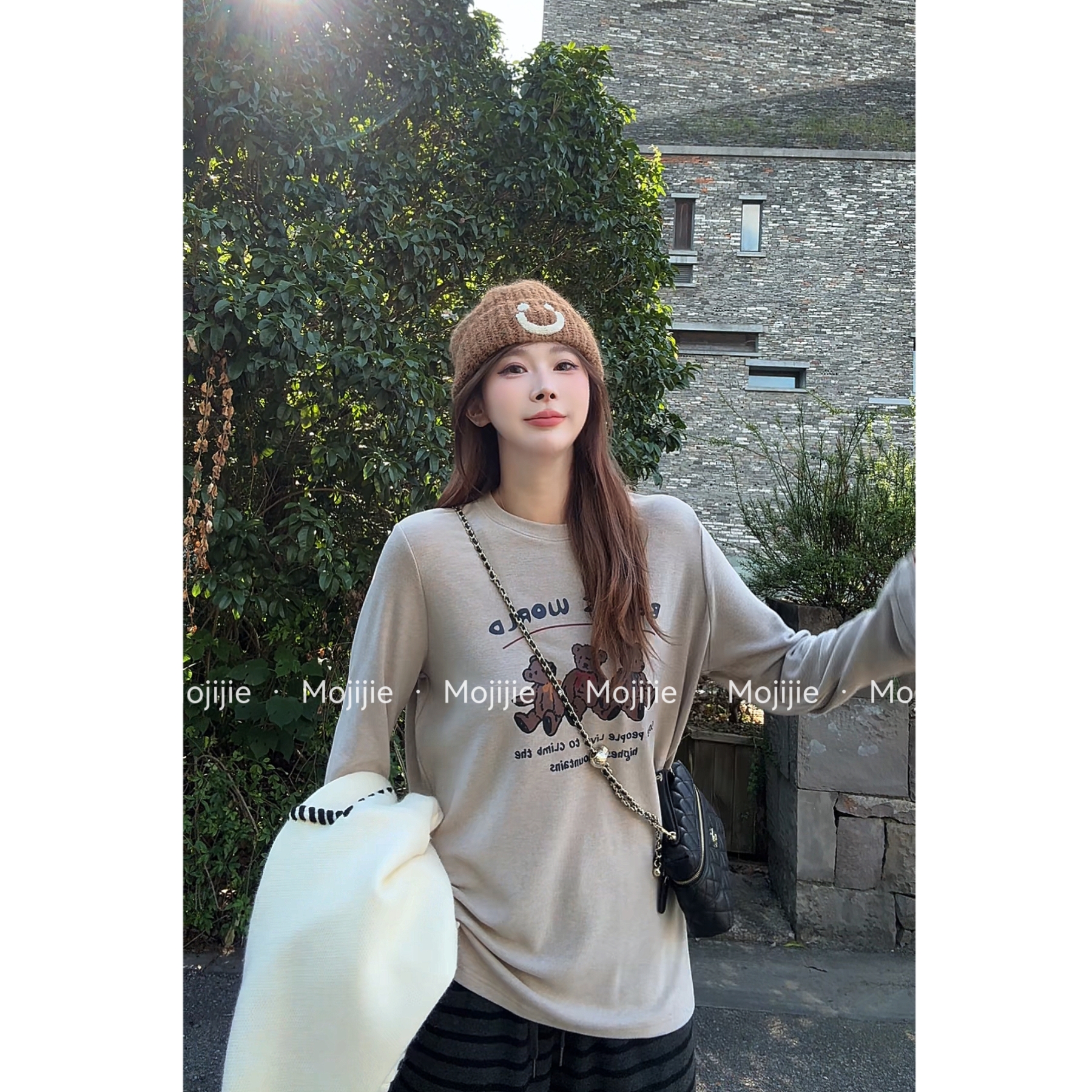 墨迹姐高个子微胖“三只小熊”长款秋季圆领加厚款长袖T恤女