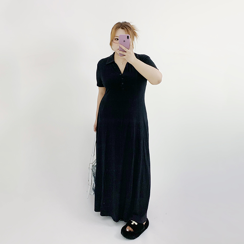 Milu家大码女装夏季v领百搭收腰显瘦纸片人长款连衣裙胖mm小黑裙