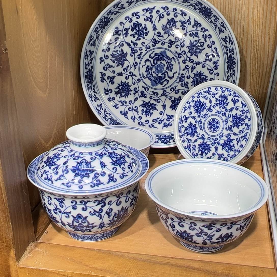 泡***夏青花缠枝莲5件套茶具