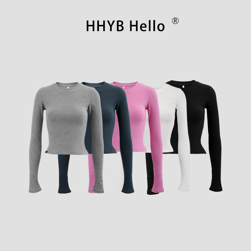 【YD】套头纯色上衣T恤圆领螺纹修身收腰长袖打底衫240419