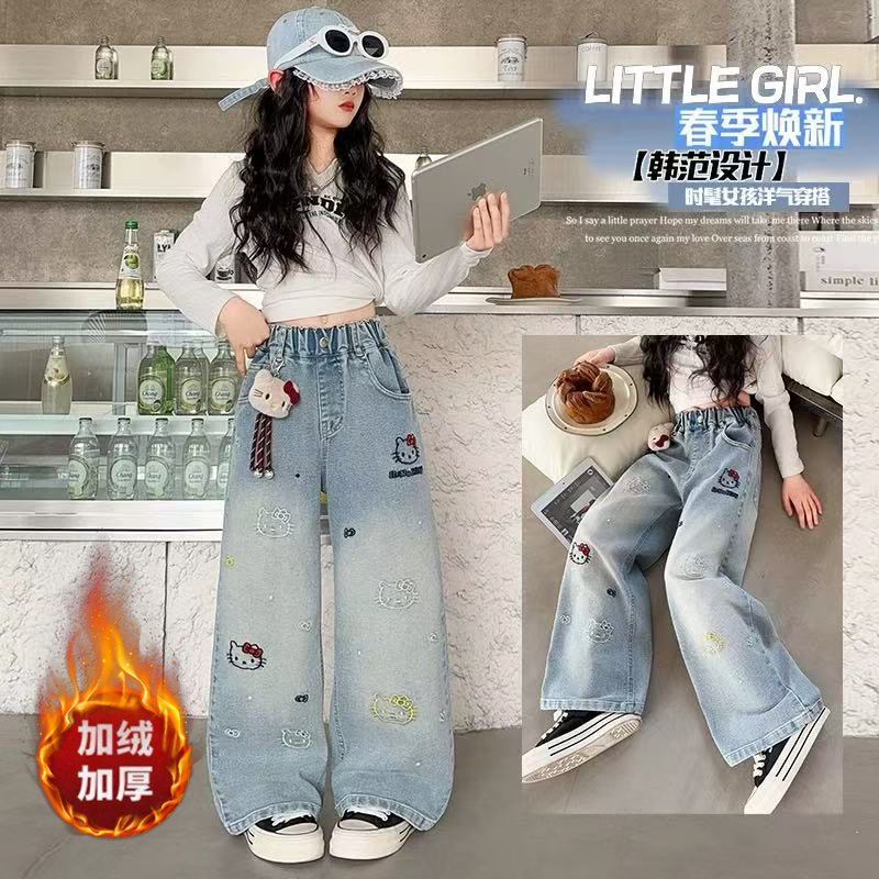 女童牛仔裤冬款2025新款洋气儿童加绒中大童阔腿裤卡通一体绒裤子