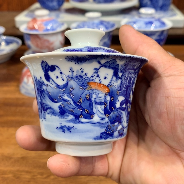 晓剑窑青花童子盖碗