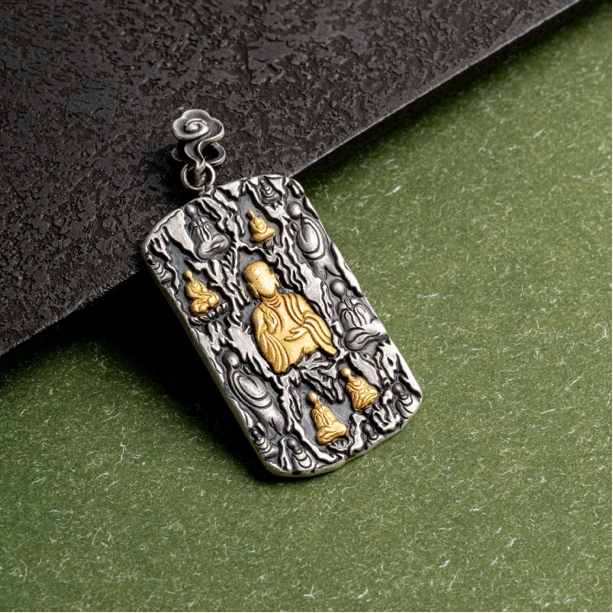 吊坠足银 佛窟无相吊坠丨纯手工錾刻金银错工艺小众设计约30g