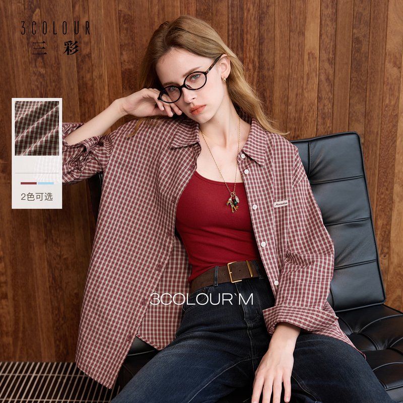 【100棉】三彩2025秋季新款休闲格纹衬衫衬衣宽松上衣复古简约M