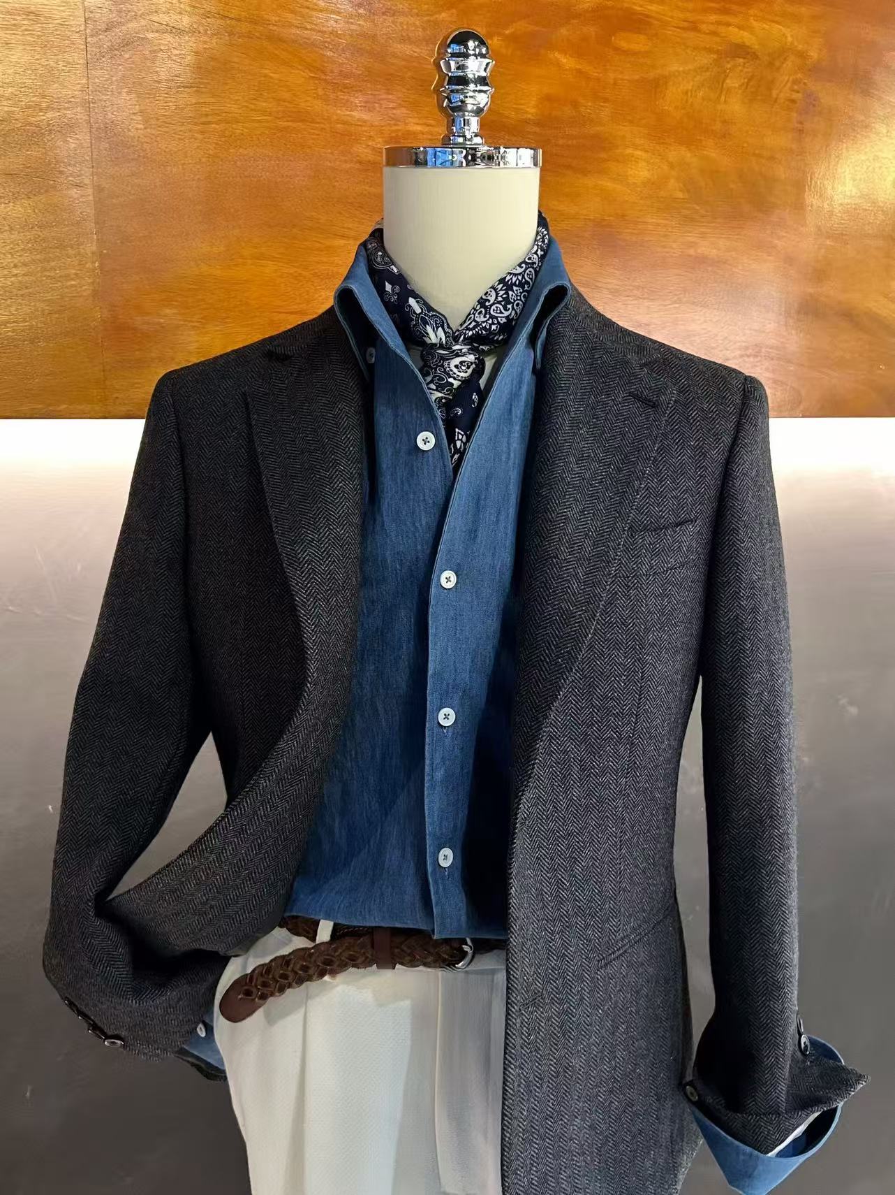 秋冬厚款男士通勤商务羊毛人字纹修身平驳领高级搭配垂感单西西装