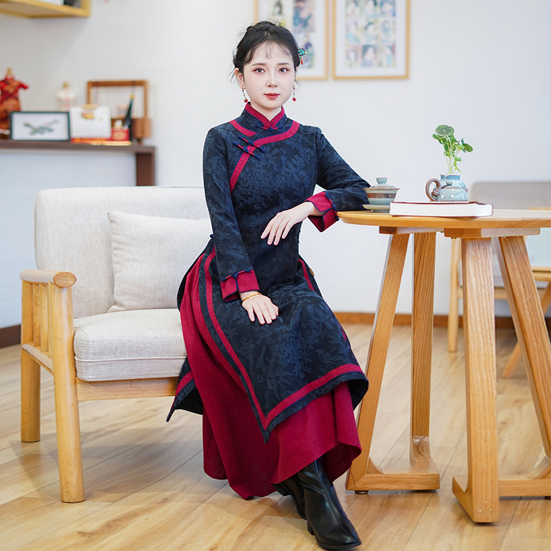 如意风复古新中式高端大气新款修身显瘦奥黛改良旗袍长裙女26R004