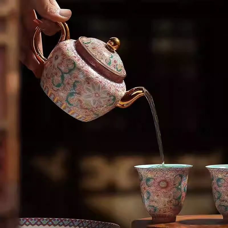 五言六器 花开盛世手工珐琅彩一壶俩杯茶具套装