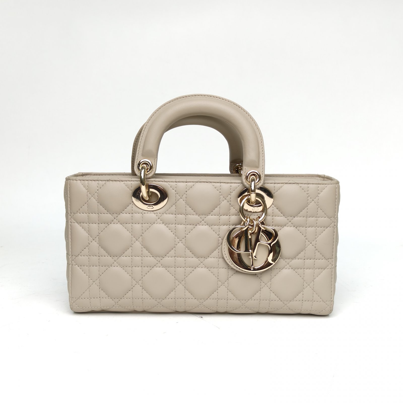 95新 DIOR/迪奥 【黑黑】横版戴妃包 中号 26 米色 皮革S 浅金扣