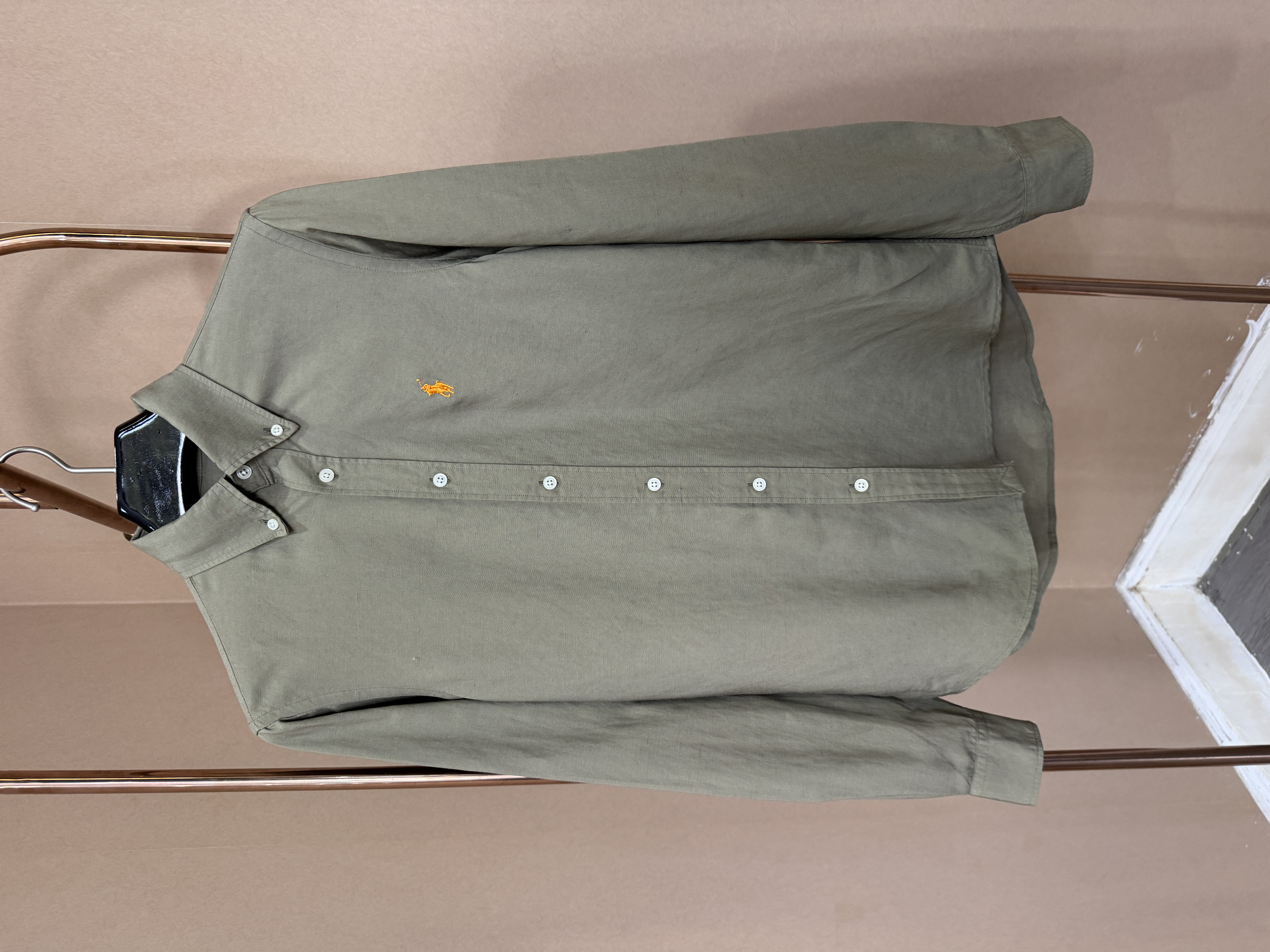 022小马标橄榄绿麻棉混纺刺绣百搭男士衬衫