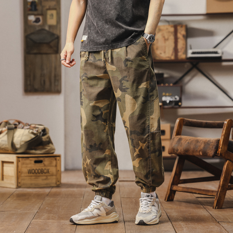 夏季日系迷彩工装裤男大码宽松多口袋抽绳休闲裤潮流百搭薄款裤子